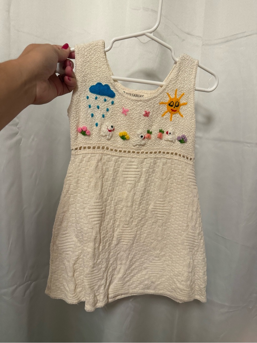 Cream Embroidered Sun & Cloud Knit Dress for Kids